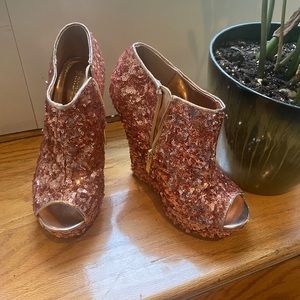 BAMBOO rose gold sequined wedge platform heels